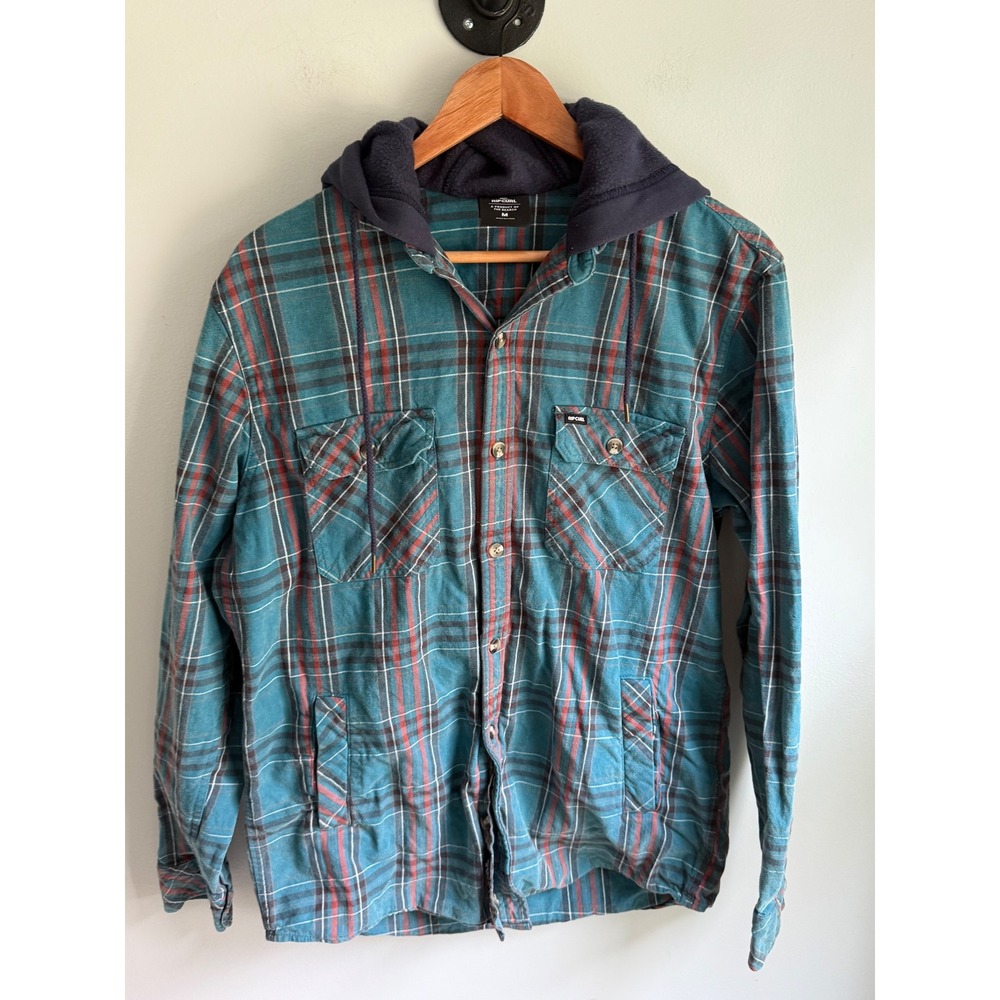 Rip Curl Mens Hooded Flannel‎ Shirt Teal Orange Plaid Fleece Hood Shacket Medium